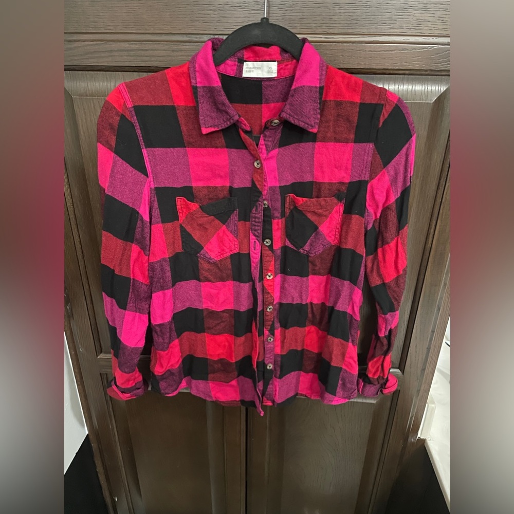 Adorable pink black and red flannel button up!